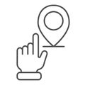 Hand pointing location thin line icon. Hand with map pin vector illustration isolated on white. Navigation outline style
