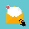 Hand pointing at message envelope icon. New email notification with danger warning attention