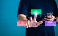 Hand pointing at MVC model diagram representing software architecture structure. Concept of model-view-controller programming, Royalty Free Stock Photo