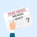 Hand pointing at newspaper with fake breaking news on blue background, vector illustration in flat style Royalty Free Stock Photo