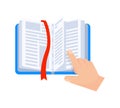 Hand pointing at open book with red bookmark, reading and studying concept Royalty Free Stock Photo