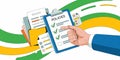Hand pointing at policies document on clipboard with checkmarks and abstract background Royalty Free Stock Photo