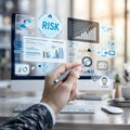 Hand pointing at risk management data on computer screen with various charts and graphs displayed Royalty Free Stock Photo