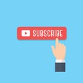 Hand pointing subscribe button illustration. Content updates for video streaming concept