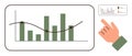 Hand pointing to a bar chart with trendline and comparative data analysis elements Royalty Free Stock Photo