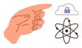 Hand Pointing to Cloud Security and Atomic Structure Signifying Innovation and Protection Royalty Free Stock Photo