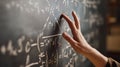 Hand pointing to complex mathematical equations and formulas written in chalk on a blackboard. Royalty Free Stock Photo