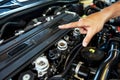 a hand pointing to a serpentine belt in an engine compartment Royalty Free Stock Photo