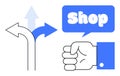 Hand Pointing to Three Arrows with Shop Text in Speech Bubble