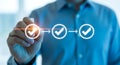 Hand pointing to three checkmarks in a sequence on blue background checklist approval Royalty Free Stock Photo