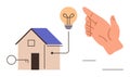 Hand pointing toward a house with a key and a lit bulb connected, symbolizing ideas and solutions Royalty Free Stock Photo