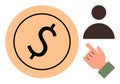 Hand pointing towards person icon and dollar coin, symbolizing payment or selection choice Royalty Free Stock Photo