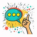 Hand pointing up thumbs up gesture speech bubble colorful dots accents dynamic background. Cartoon