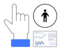 Hand pointing up, user icon in black circle, and data analytics dashboard with graphs and charts Royalty Free Stock Photo
