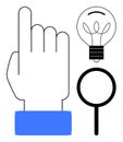 Hand pointing, light bulb, and magnifying glass representing ideas, discovery, and innovation Royalty Free Stock Photo