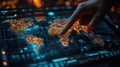A hand pointing at a world map on a digital screen, a business global technology concept Royalty Free Stock Photo