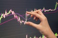 The hand points to the candle chart. Trader investor analyzes the chart of price changes on Forex or a trading exchange. View the