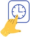 Hand points to clock with arrows, minute and hour symbol. Time management, dealing with deadline