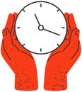 Hand points to clock with arrows, minute and hour symbol. Time management, dealing with deadline