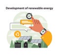 Hand points to dialogue on renewable energy development. Flat vector illustration.
