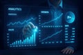 Person interacting with a digital analytics dashboard showing sales growth and data trends on a futuristic screen Royalty Free Stock Photo