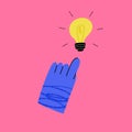 Hand points to light bulb. Creative idea, Cartoon colorful arm gesture, brainstorming process, poster or print. Vector trendy