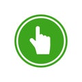 Hand points up in green ciecle. Swipe up or scroll icon. Pointing hand with arrow up