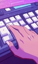 Hand poised to press key on colorful keyboard, showcasing digital interaction
