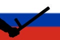 hand with police tonfa rubber stick silhouette and blurry russian flag in the background