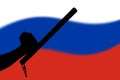 hand with police tonfa rubber stick silhouette and blurry russian flag in the background