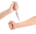 Hand position to attack with a knife isolated on a white background. Royalty Free Stock Photo
