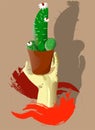 Hand fith a pot of cactus, what to present to a friend or boss? Sicculents. Realistic style, poster, banner