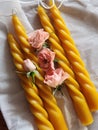 Hand-poured pure beeswax spiral twisted taper candles, Handmade candles with pink roses flowers.