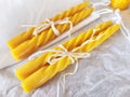 Hand-poured pure beeswax spiral twisted taper candles, Handmade vountry candles.