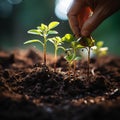 Hand pouring black soil on green bokeh background Planting a small plant on a pile of soil