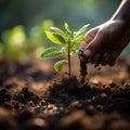 Hand pouring black soil on green bokeh background Planting a small plant on a pile of soil