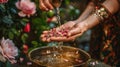 A hand pouring fragrant rose water over the hands of a family member a symbolic act of purification for Eid alAdha