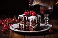 hand pouring kirsch liqueur onto a black forest cake