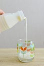 A hand pouring milk into a glass