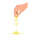 Hand pours grated cheese. The man\'s hand holds some cheese and the pieces fall down. Vector template