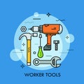 Hand and power tools and machines - screwdriver, wrench, electric drill, hammer, bolt and nut. Concept of manual and