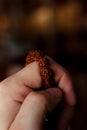 Hand of prayer holding rudraksha beads or rosary.