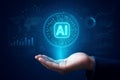 Hand presenting AI chip with futuristic digital data and analytics visualizations artificial intelligence Royalty Free Stock Photo