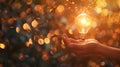 Hand presenting a glowing light bulb with bokeh lights. Creativity and bright ideas concept. Ideal for innovation and Royalty Free Stock Photo