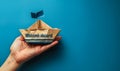Hand presenting a paper boat with the message Welcome aboard against a blue background, symbolizing new beginnings and