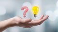 The hand presenting a question mark and a lightbulb symbolizing ideas and creativity. AI generated image Royalty Free Stock Photo