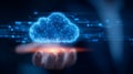 Hand presenting a virtual cloud network representing cloud computing services data storage and scalable infrastructure. Royalty Free Stock Photo
