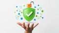 A hand presents a digital representation of a secure system, featuring a green shield and unlocked padlock Royalty Free Stock Photo