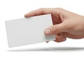 Human hand holding a blank white rectangular card against a plain white background Royalty Free Stock Photo