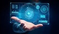 hand presents a transparent digital interface with various data visualizations